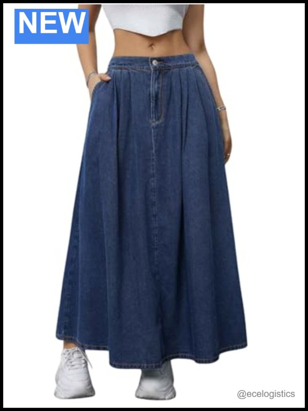 Women's Pleated Denim Maxi Skirt with Pockets | Flowy A-Line Elastic Waist